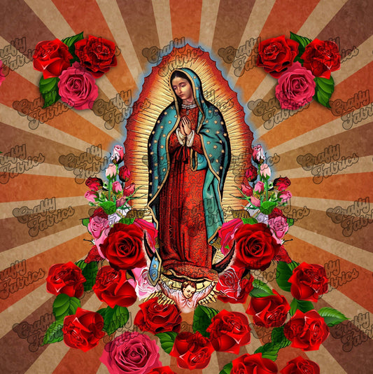 Our Lady of Guadalupe Fabric square, Virgin Mary fabric panel for crafts, pillow covers, wall art, bandanas. Available in Brown or Purple