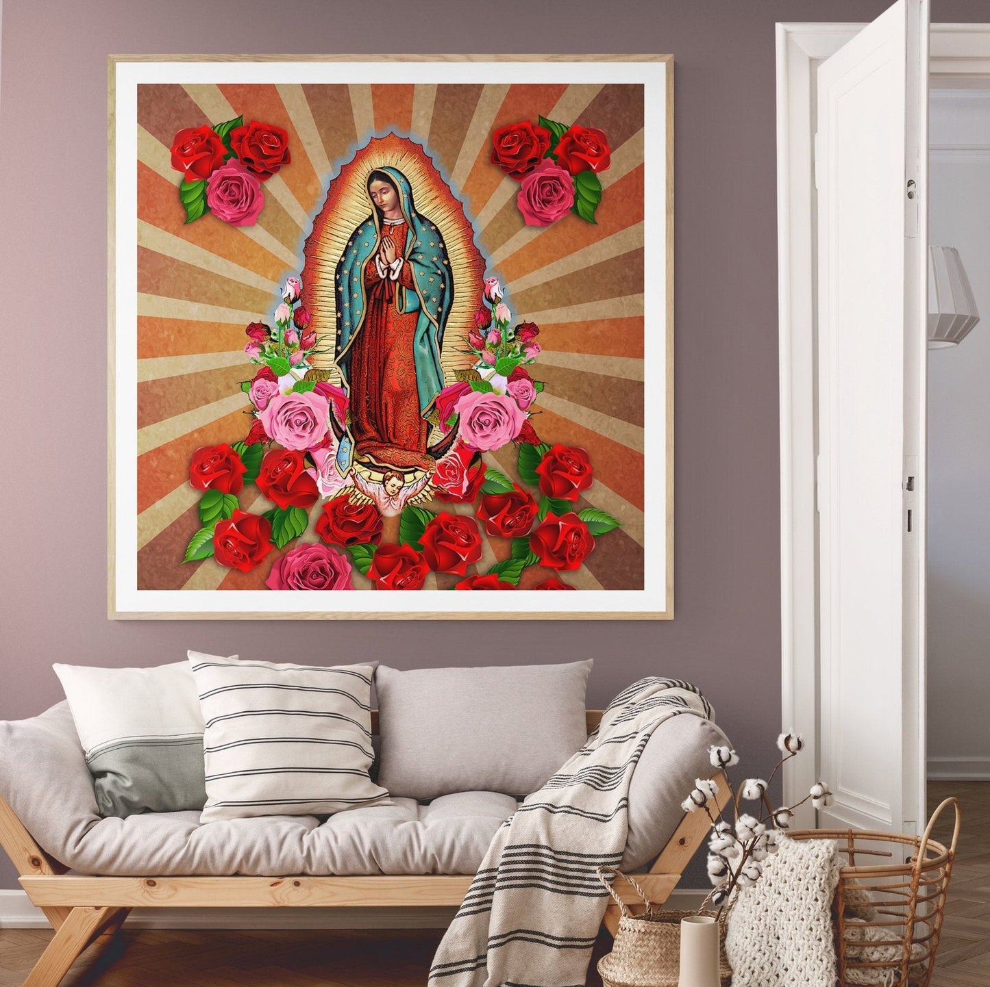 Our Lady of Guadalupe Fabric square, Virgin Mary fabric panel for crafts, pillow covers, wall art, bandanas. Available in Brown or Purple