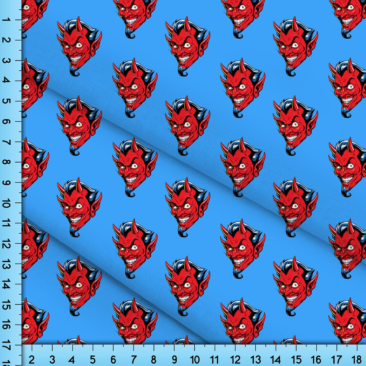Red Devil on Blue Fabric Pattern, Novelty Design Printed By the Yard for Crafts, Shirts, Masks