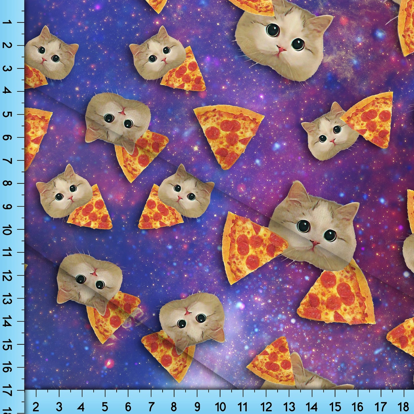 Kittens and Pizza in Space Fabric Printed By the Yard. Broadcloth, Poplin, Gabardine, Liverpool, Clothing and Craft Projects