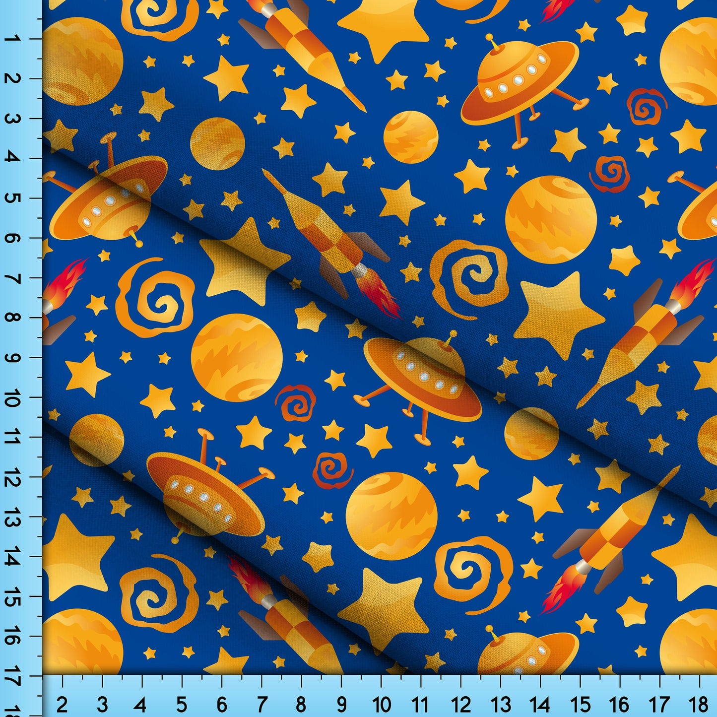 Space Rocket Moon Stars Fabric By The Yard, Planets and Space Pattern, Custom Printed on the fabric of your choice