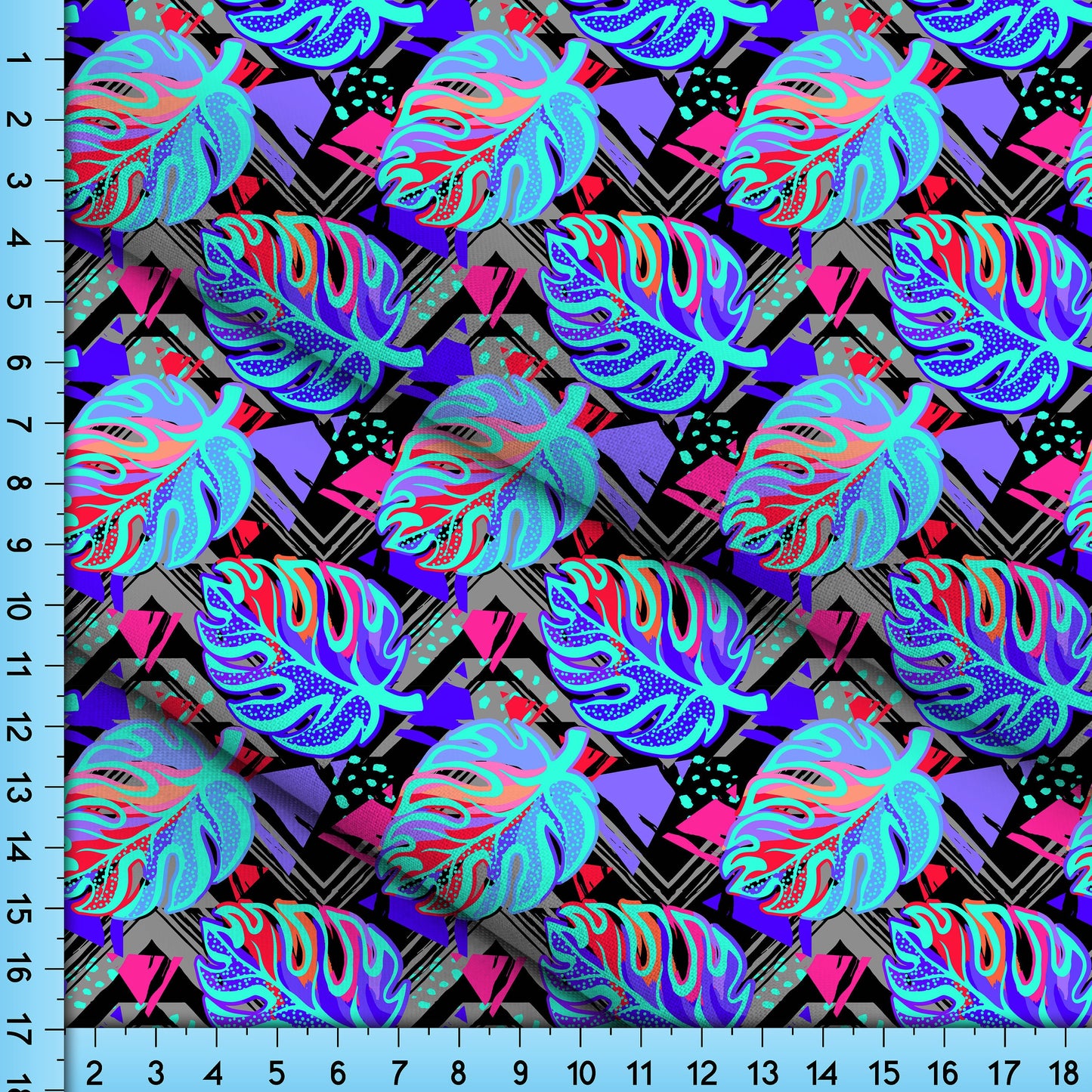Exotic Tropical Leaves Fabric By The Yard, Neon Blue and Red Leaf Fabric Printed on the fabric of your choice