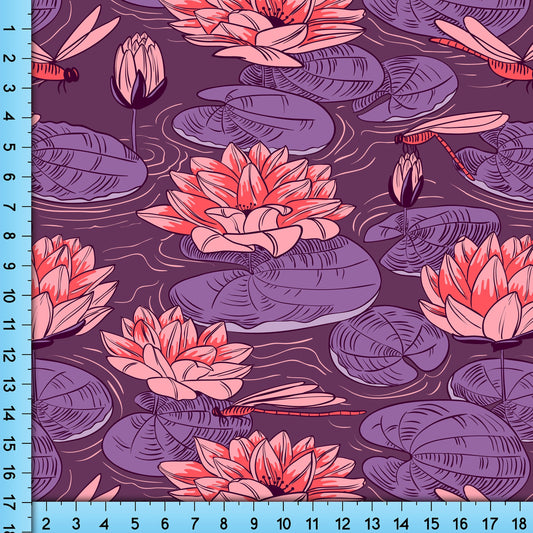 Water Lillies, Purple and Pink Fabric By The Yard printed on the fabric of your choice
