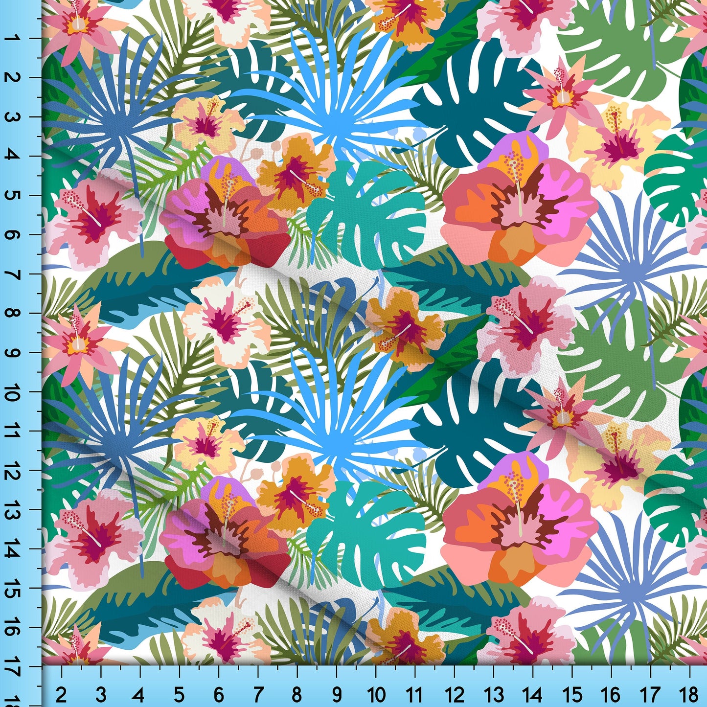 Colorful Tropical Flowers Fabric By The Yard in Blue, Pink and Green Printed on the fabric of your choice