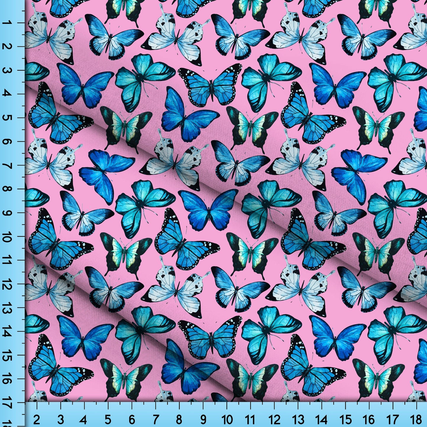 Butterflies Fabric Printed by the Yard, Blue Butterfly on Pink background, Cottagecore Design for Crafts, Upholstery, Clothing