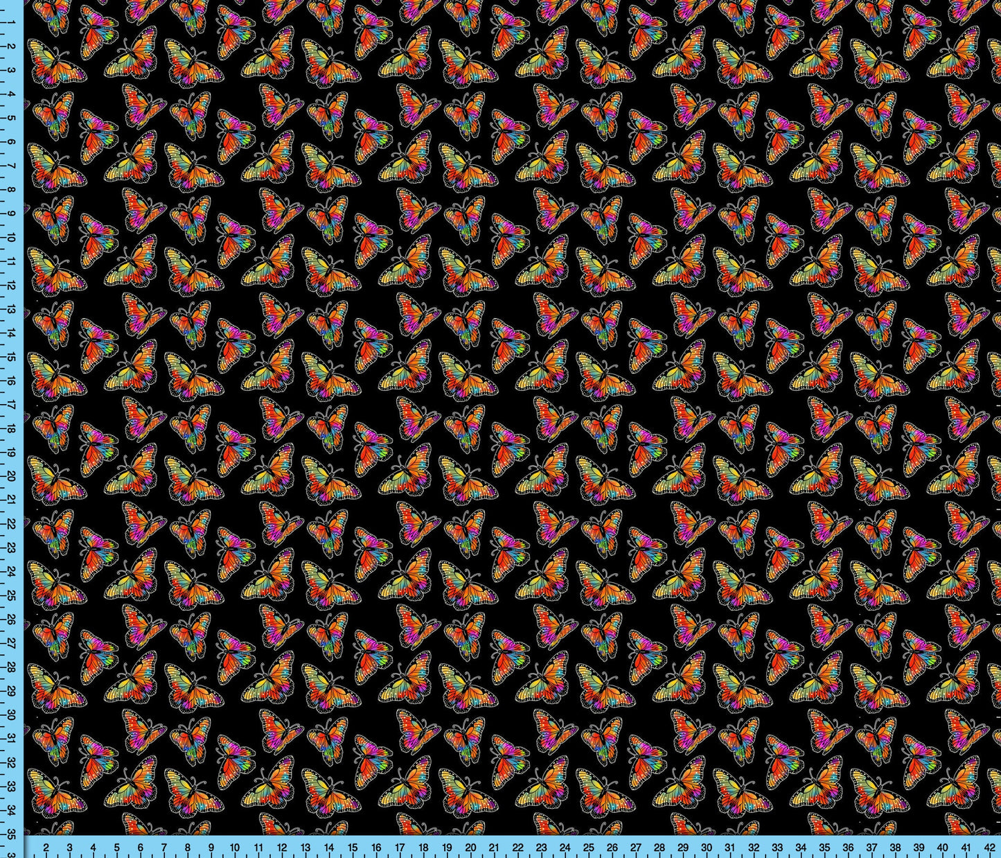 Rainbow Butterflies on Black Fabric By the Yard. Monarch Butterfly Pattern, Cottagecore Design for Crafts, Upholstery, Clothing