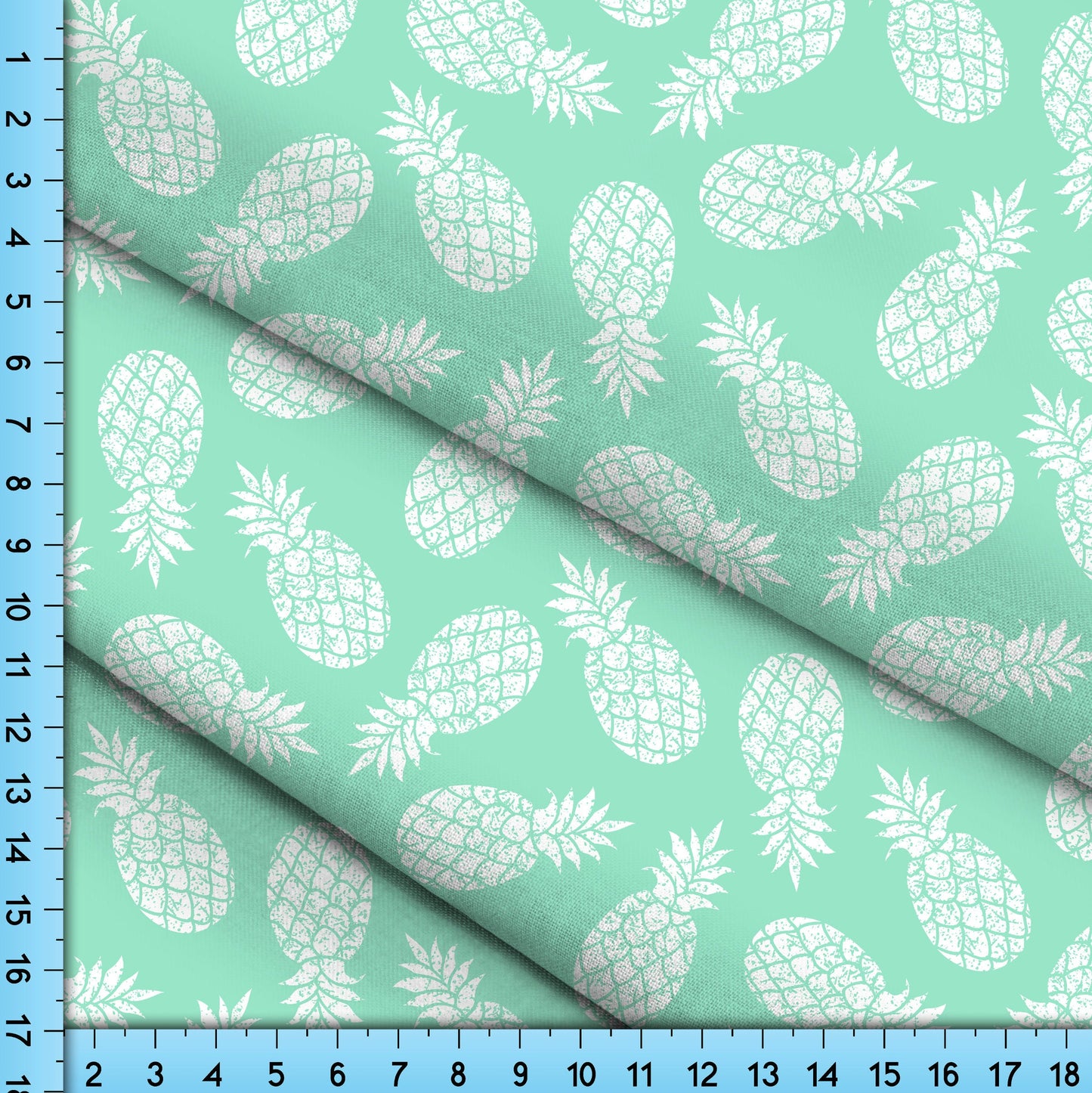 Turquoise Green Tropical Pineapple Fabric, Vintage Style Tropical Pattern print on choice of fabric By the Yard, Woodblock Etching Design