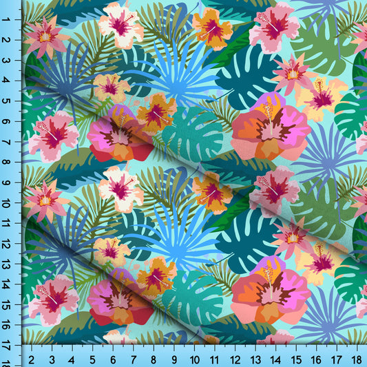 Tropical Flowers Fabric Pattern By the Yard Printed on the fabric of your choice in Blue, Pink and Green