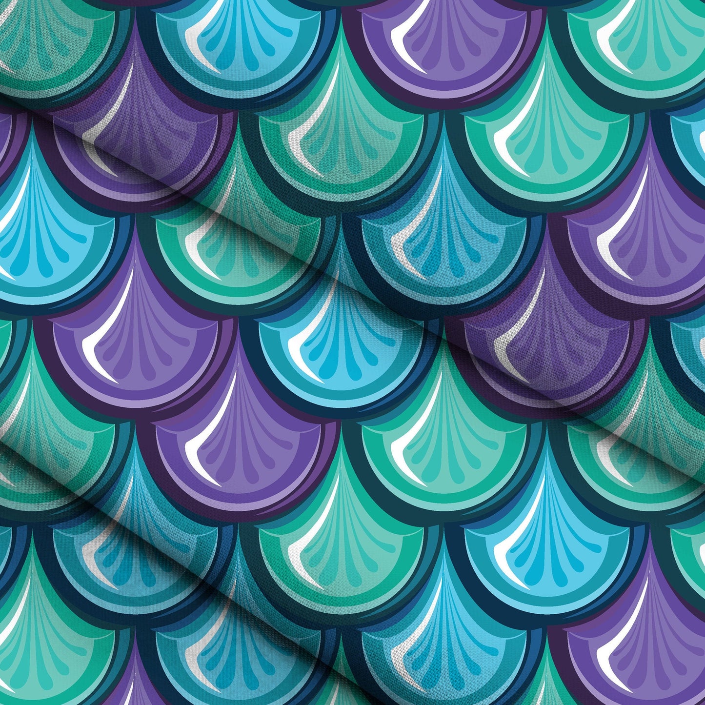 Mermaid Scales Fabric Blue, Purple, Green Deco Pattern Printed By the Yard. Satin, Poplin, Gabardine, Liverpool for Craft Projects.