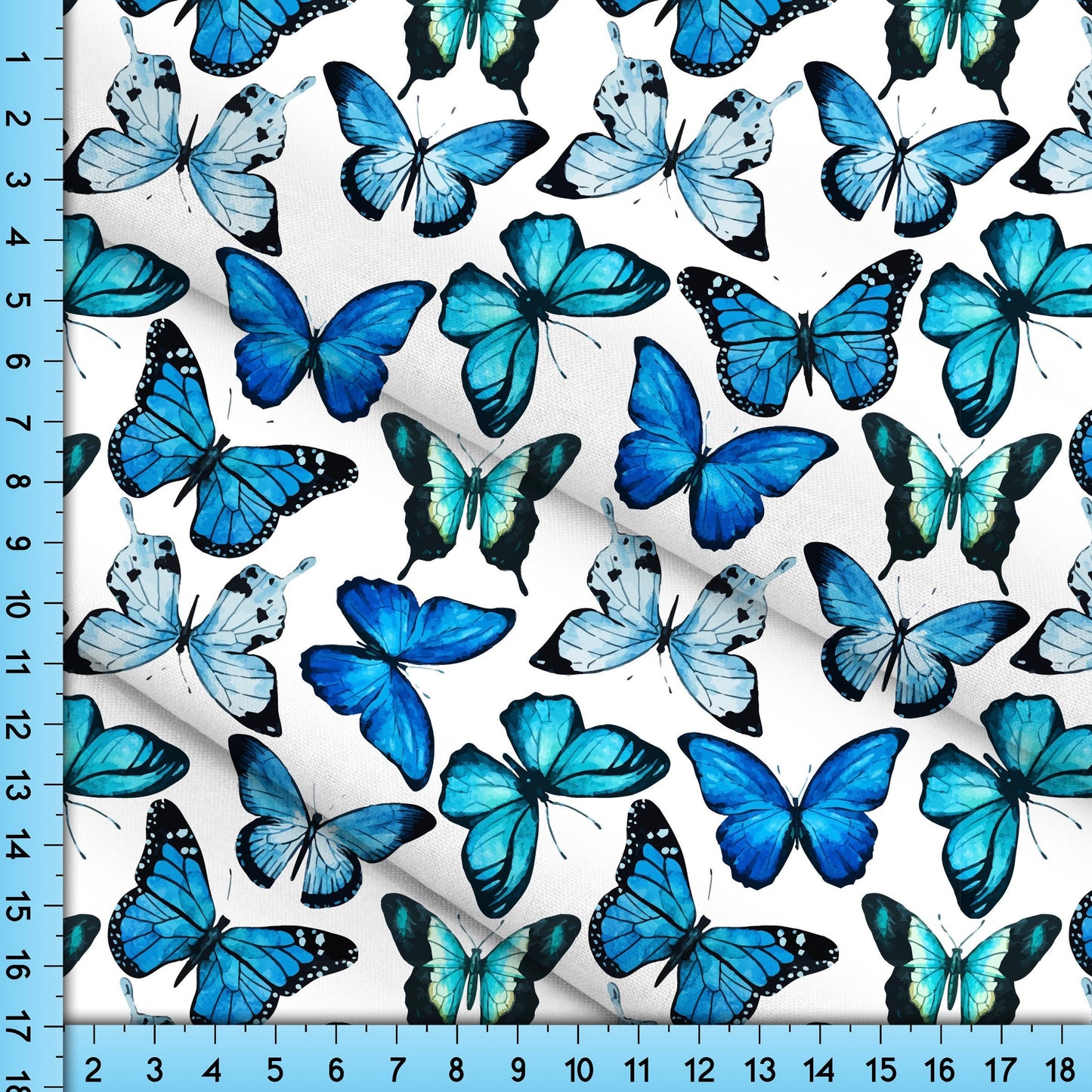 Blue Butterflies on White Fabric By the Yard. Monarch Butterfly Pattern, Cottagecore Design for Crafts, Upholstery, Clothing
