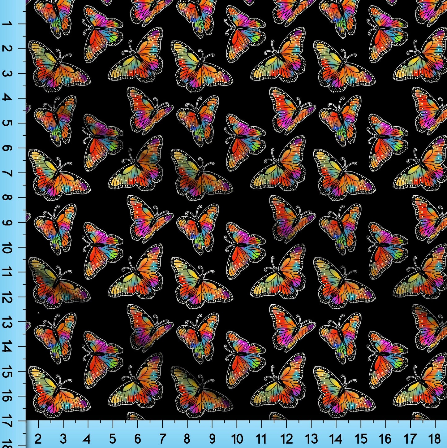 Rainbow Butterflies on Black Fabric By the Yard. Monarch Butterfly Pattern, Cottagecore Design for Crafts, Upholstery, Clothing