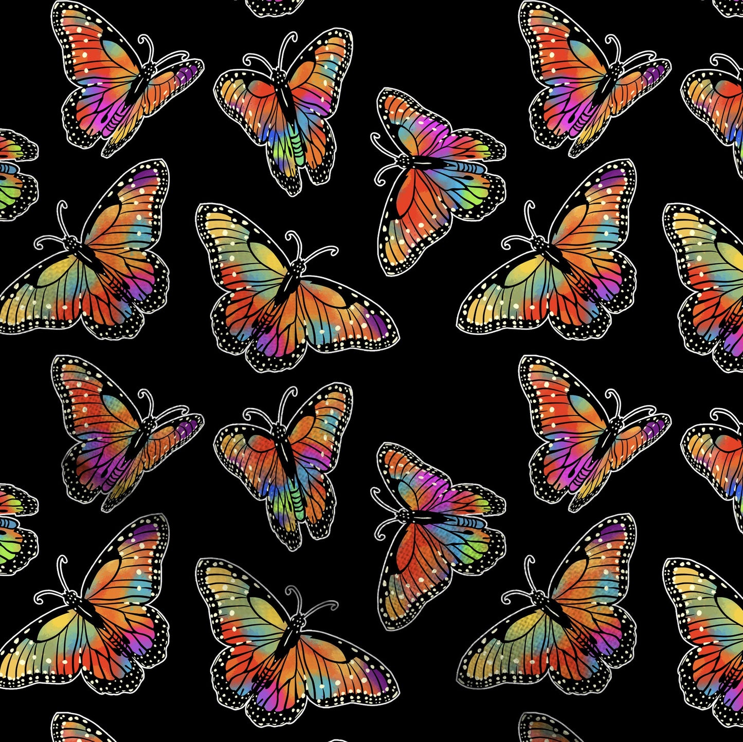 Rainbow Butterflies on Black Fabric By the Yard. Monarch Butterfly Pattern, Cottagecore Design for Crafts, Upholstery, Clothing