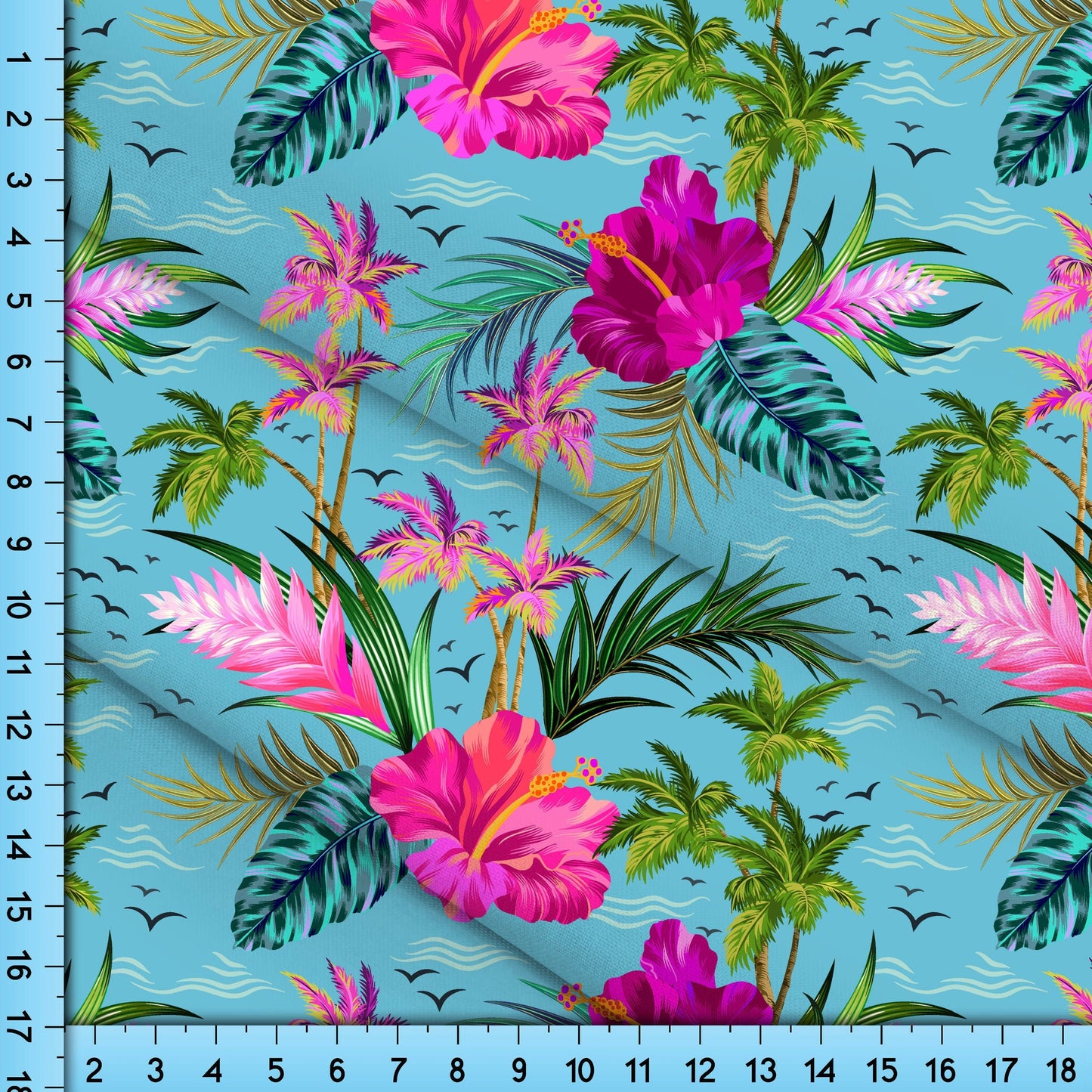 Tropical Flowers Fabric By the Yard printed on your choice of fabric, Pink Hibiscus on Blue