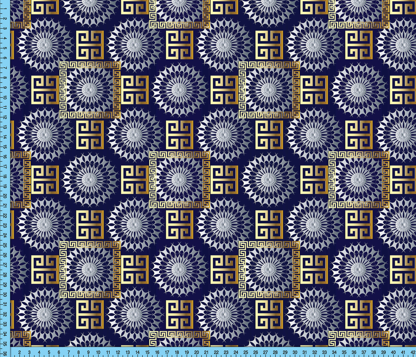 Blue and Gold Baroque Fabric By the Yard, Choice of 10 Fabrics featuring Geometric pattern on Navy Background