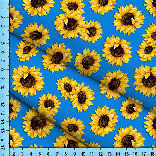 Sunflower Fabric on Blue Background, Printed By the Yard on your choice of fabrics