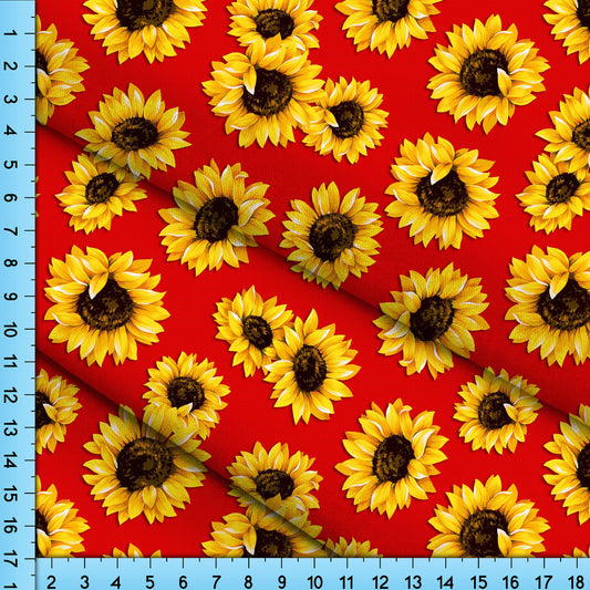 Sunflower Fabric on Red Background, Printed By the Yard on your choice of polyester fabrics