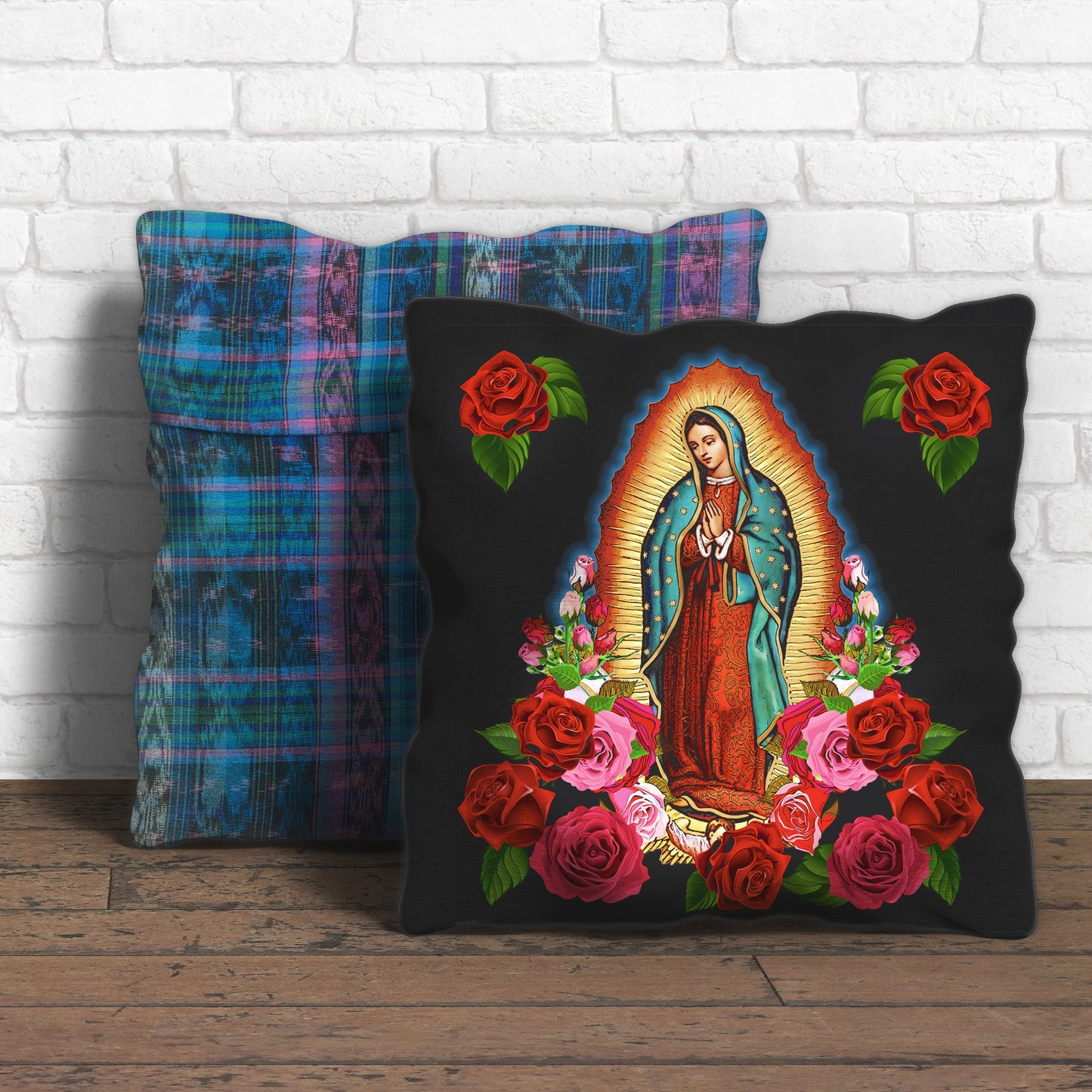 Our Lady of Guadalupe Fabric panel, Virgin Mary Black fabric square for crafts, pillow covers, wall hanging, bandana or clothing