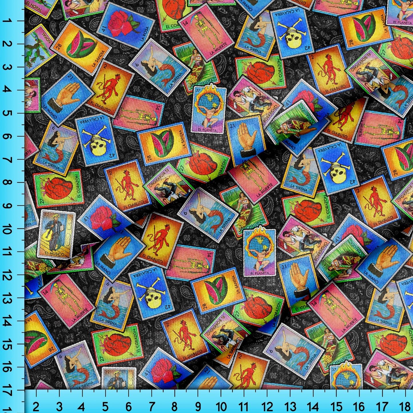 Loteria Fabric By The Yard, Fiesta Lottery Card Bingo Game Pattern on Paisley Background