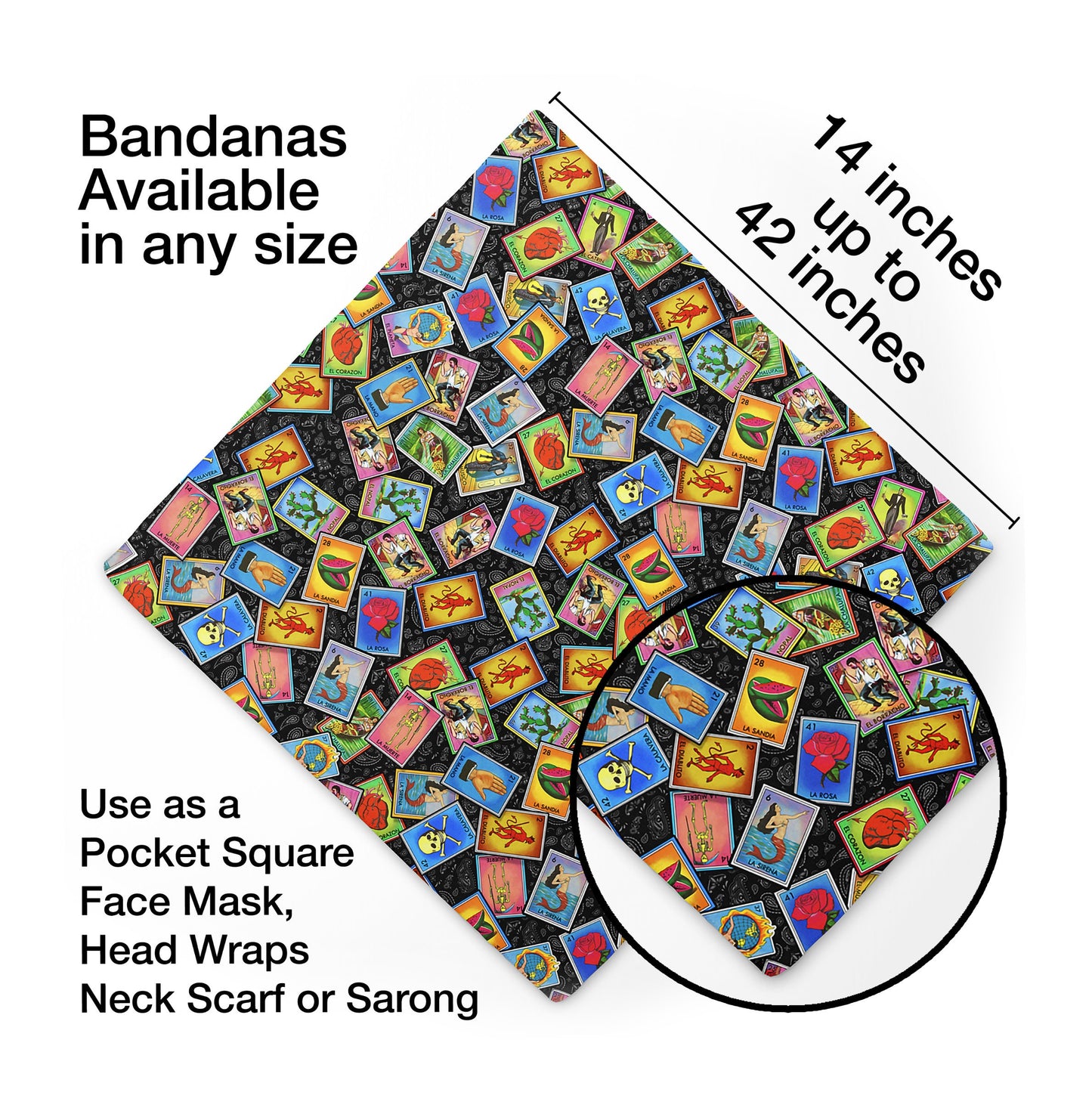 Mexican Loteria Bandana, Paisley Head Wrap, Scarf or Sarong