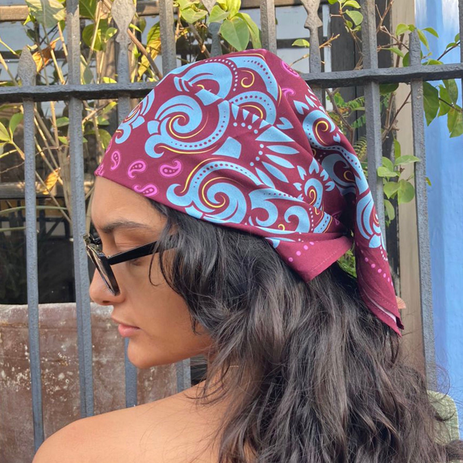 Burgundy Bandana with Ornate Pastel Blue Paisley Design, Head Wrap, Hair Scarf or Neck Scarf fabric square