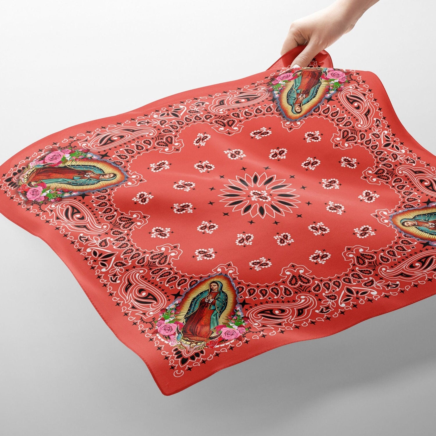 Virgin Mary, Our Lady of Guadalupe Paisley Red Bandana, Head Wrap, Altar Cloth or Scarf