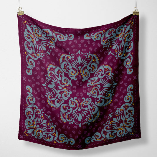 Burgundy Bandana with Ornate Pastel Blue Paisley Design, Head Wrap, Hair Scarf or Neck Scarf fabric square