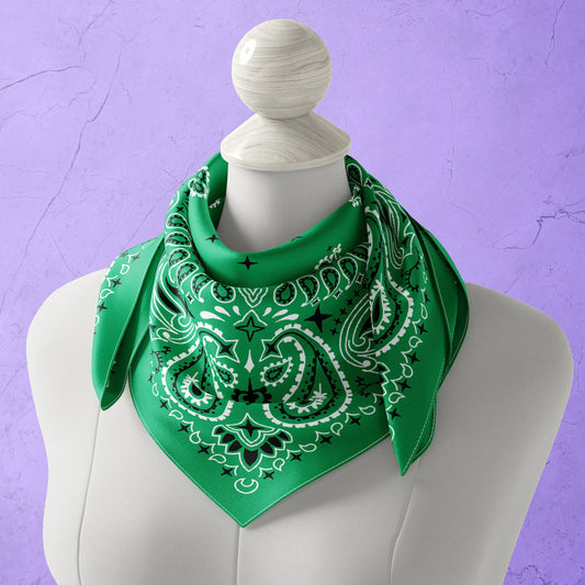 Green Paisley Bandana, Satin or Poplin with Traditional Pattern for a Head Wrap or Neck Scarf