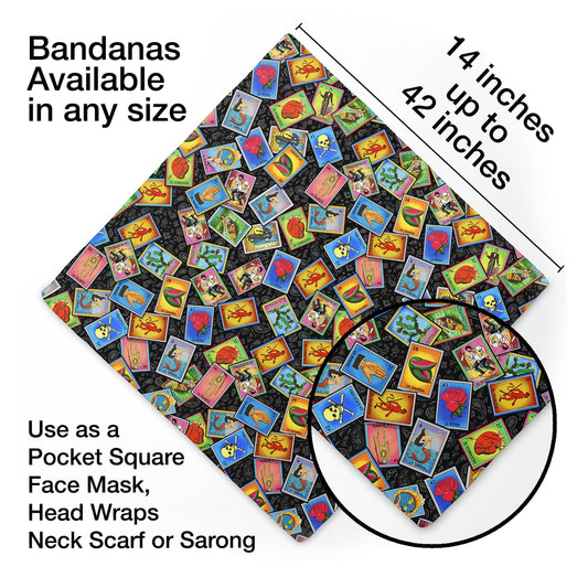 Mexican Loteria Card Bandana Printed on a Black Paisley Background