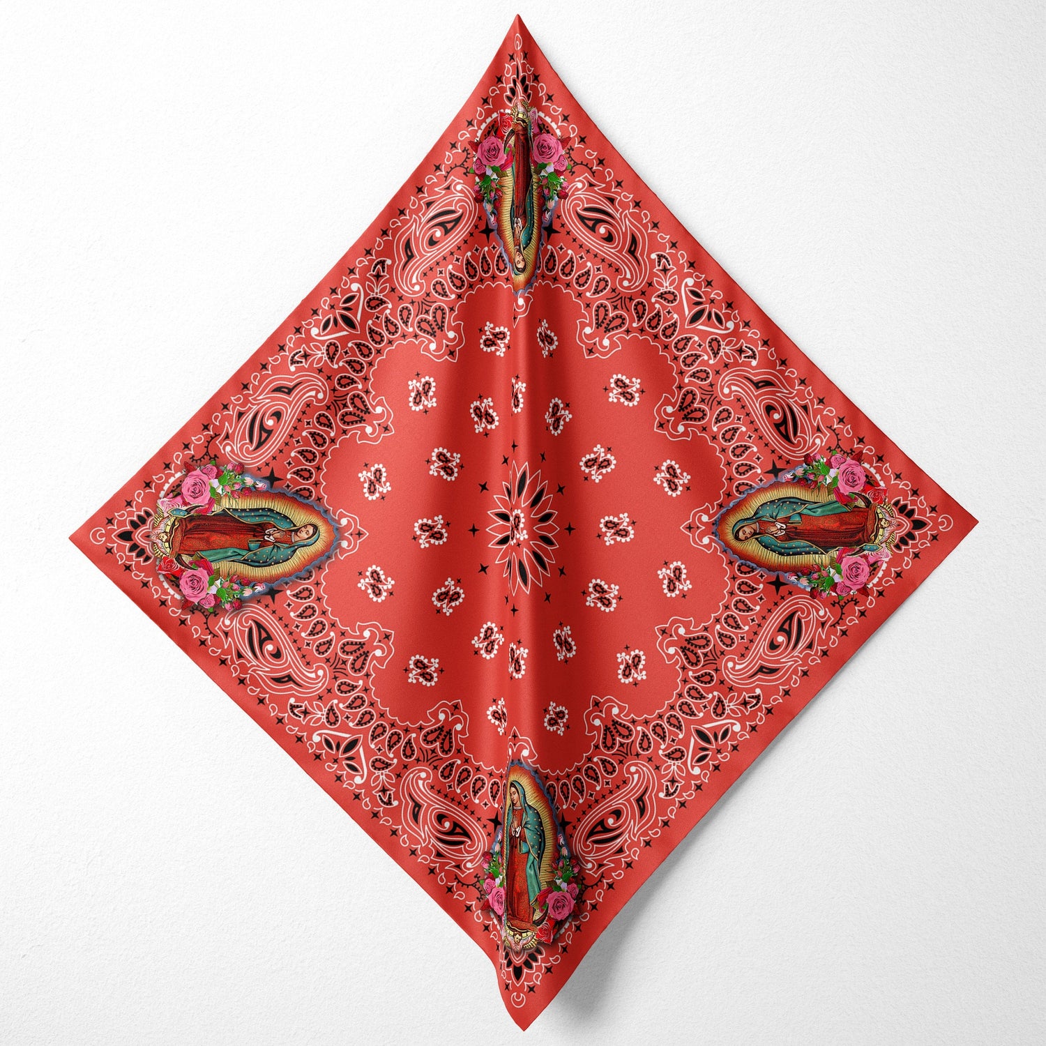 Virgin Mary, Our Lady of Guadalupe Paisley Red Bandana, Head Wrap, Altar Cloth or Scarf