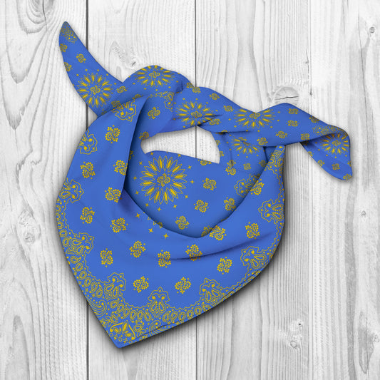 Blue Gold Paisley Bandana, Head Wrap, Neck Scarf or Hair Scarf